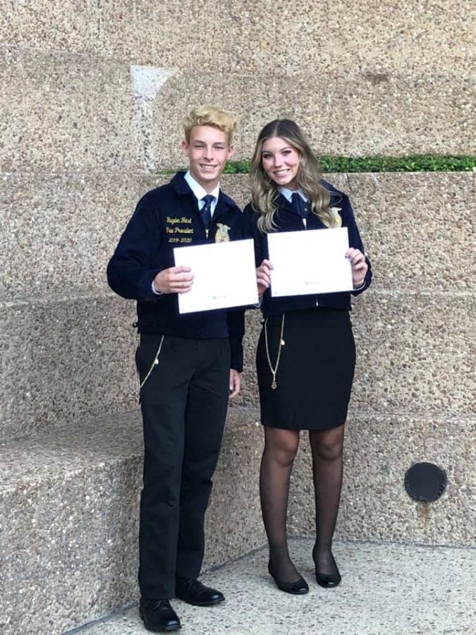 Two+members+of+the+FFA+were+honored+with+their+Lone+Star+Degrees.+Seniors+Hayden+Feist+and+Grace+Hoegemeyer+achieved+the+highest+award+for+members+at+convention+this+summer.+