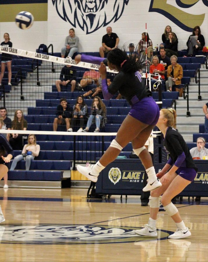 Against Lake Creek, junior Kez Smith attacks the ball. The Lady Kats start the play-off against College Station tonight in Madisonville. 