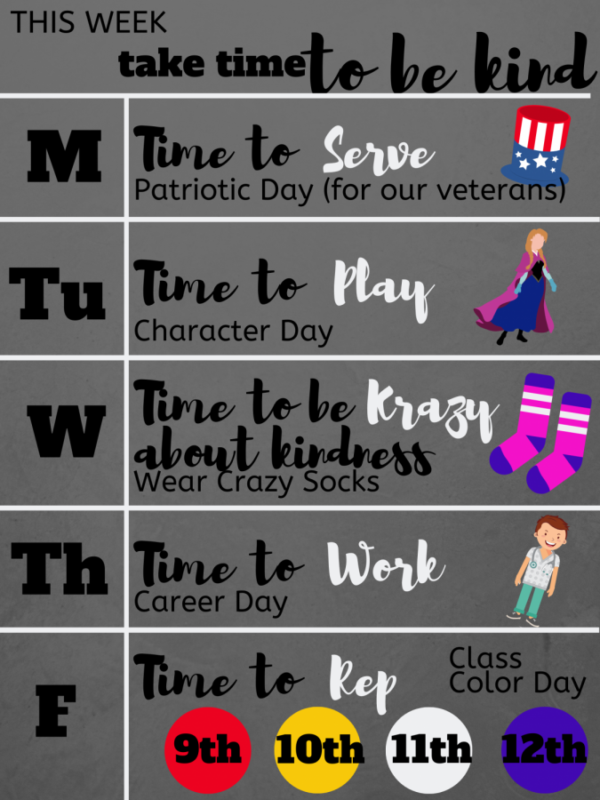 The Interact Club is promoting a week of kindness, inclusion, tolerance and service November 11-14, 2019. The club encourages students to join them in the dress up days and to take time to be kind. 