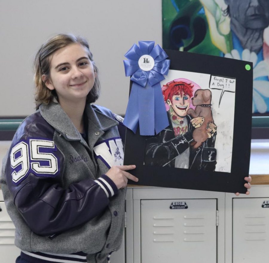 PUPPY LOVE. With her first place art, sophomore Isabella Rios exhibits her talent. “I wanted to draw a grungy dude holding a cute puppy,” Rios said.