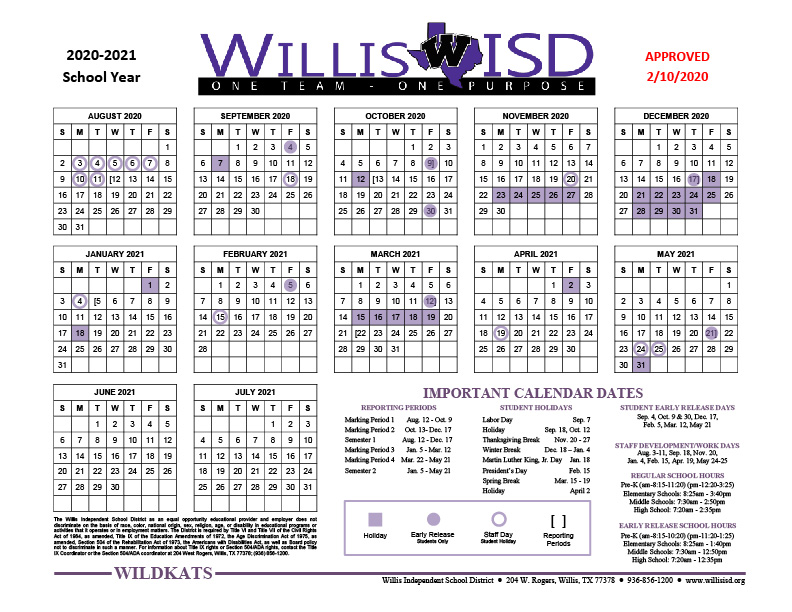 2020-2021 school calendar was adopted by the school board on 2/10/20.