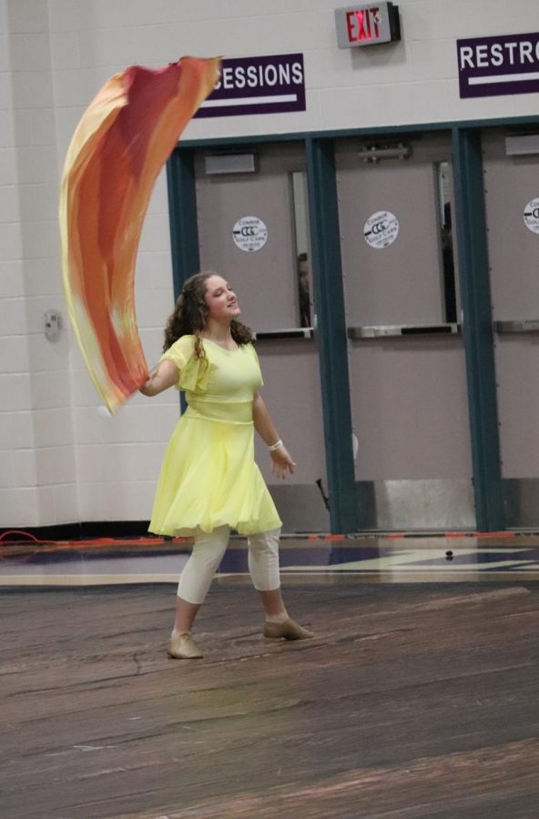 Performing to the Alicia Keys song If I Aint Got You, sophomore Hailey Alvarez spins her flag. Members of the Winter Guard competed in competition Saturday, February 8, 2020. They group placed 4th in their division. 