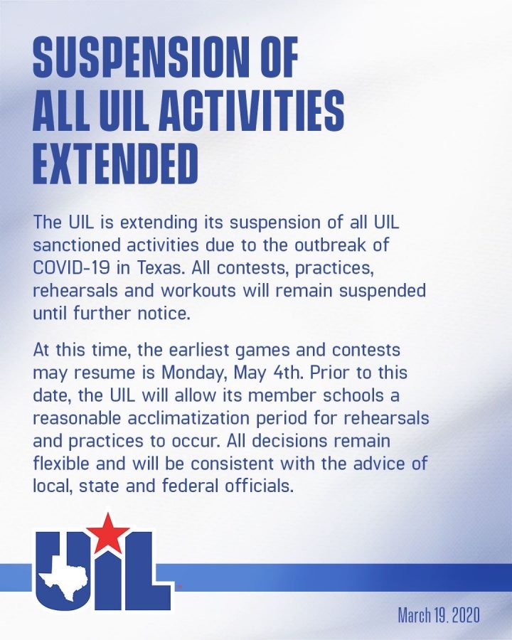 In a press release today, UIL has postponed all contests, practices, rehearsals and workouts until further notice. The earliest games and contest may resume is May 4th.