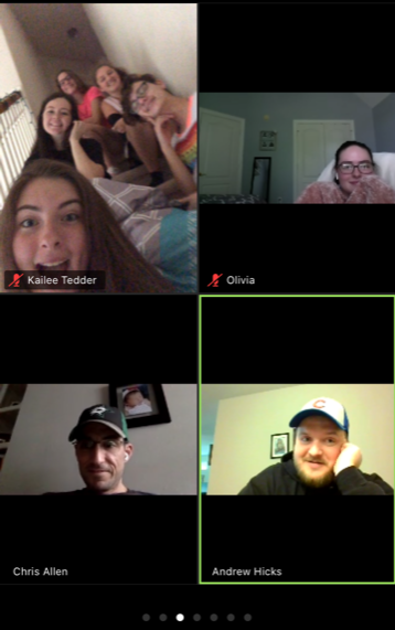Band directors Chris Allen and Andrew Hicks join members of the band in a video conference. Technology like this has provided some ease with social distancing and self-quaranting.