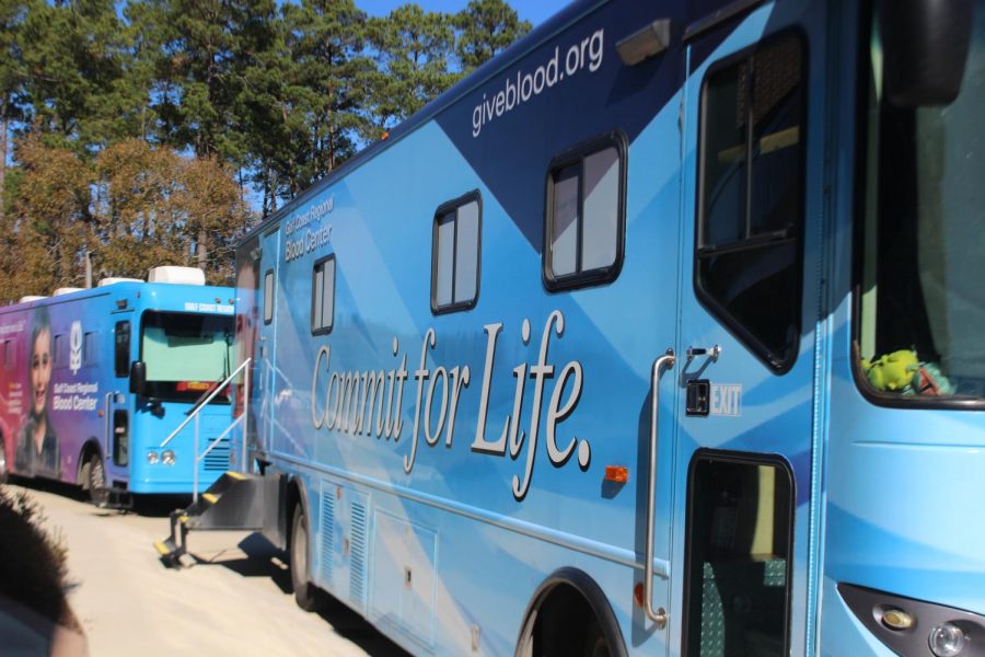 GIVE BLOOD. The gulf coast regional blood center buses parked outside the PAC for students and staff to donate blood.