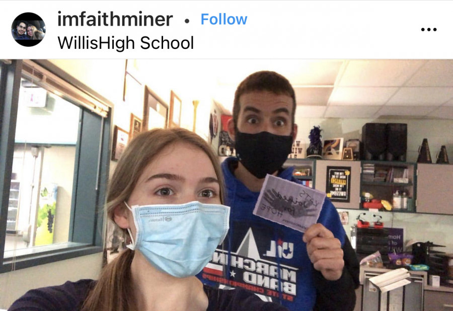 #KATS$KINDNESS. Snapping a shot with band director Chris Allen, junior Faith Miner takes part in the scavenger hunt for kindness day. Miner posted photos with several other teachers. 