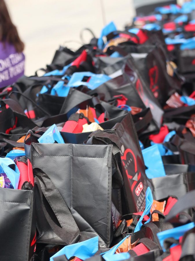 TEACHER GOODIES. Bags of treats donated by HEB are lined up waiting for distribution. 