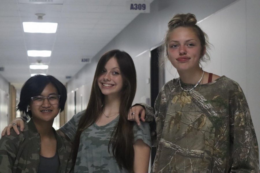 CUTE IN CAMO. Like freshmen, camo comes in all types. Many freshmen wore camo to attempt to win a pep rally trip. They made a strong showing, but did not win the competition. 