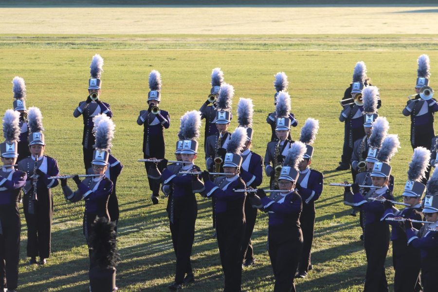 BAND TEN HUT. Ready to show the judges the product of all their hard work, members of the band warm up at Galena Park. The band reported to the band hall at 4:30 A.M. to make it to the competition on time. 