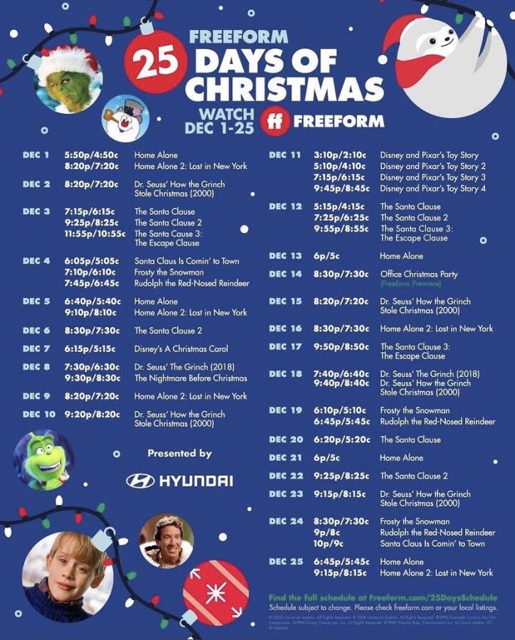 25 DAYS OF CHRISTMAS. Freeforms 25 Days of Christmas movies include holiday classics shown Dec 1-25. It is the TV channels 25th anniversary.