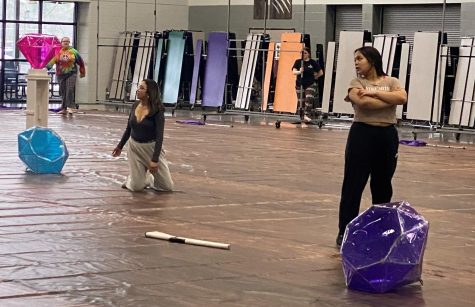 DIAMONDS. Practicing for their first competition, sophomore Bella Gallegos and junior Faith Diaz of the guard polish their show before Saturdays competition in Katy. The guard will also host a competition on March 5. 