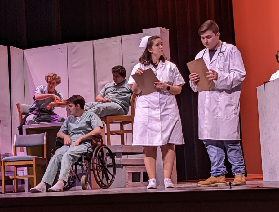 DOCTOR’S ORDERS.  Nurse Ratchet played by Zoe Picken visits with the Doctor, junior Tripp Brown, during a rehearsal for One Act. 