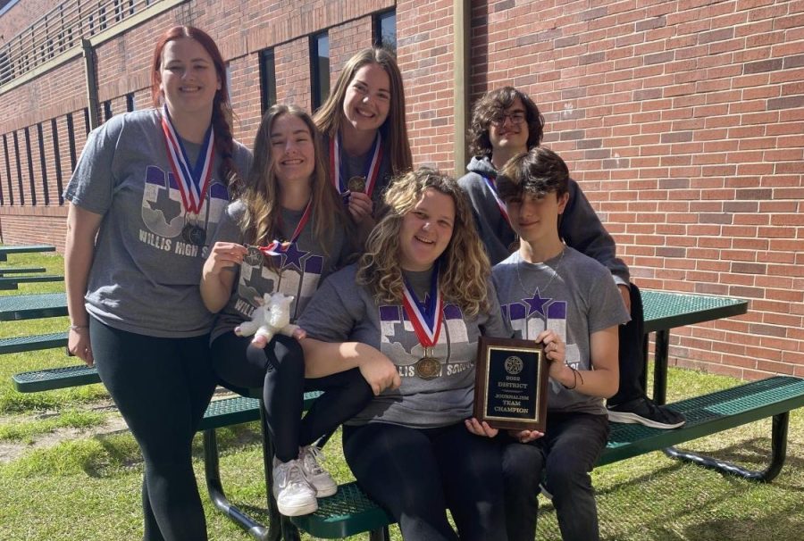 WE ARE THE CHAMPIONS. The journalism team placed first in district. Seniors Summer Rains, Stephanie Keele, Heather Jackson, Katherine Lee, sophomore Stone Chapman and junior Jason Clark took the Journalism Champs title March 23 at The Woodlands High School. 