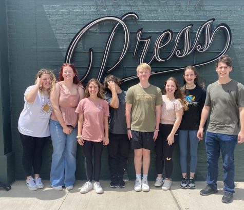 PRESS ON. At the Magnolia Silos in Waco, the UIL group takes a picture before exploring the top attraction in town. Pictured are senior Katherine Lee, Summer Rains, Stephanie Keele, Jason Clark, Reed Henderson, Heather Jackson, Danica Sunquist and Michel Schlowinski. 