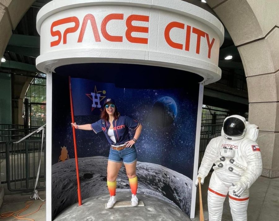SPACE CITY. Ready for the first game of the season, choir director Laurelyn Korfhage shows her Astros spirit. Korfhage is singing the national anthem tonight at the Astros game. 