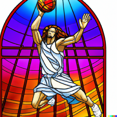 HOLY HOOPS. This image was created in DALL-E 2 with the prompt jesus playing basketball, stained glass.
