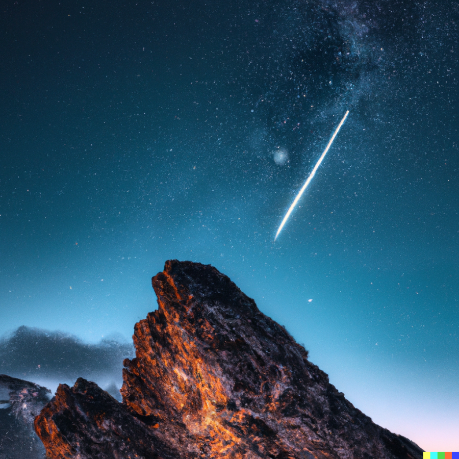 SHOOTING STAR. This image was created in DALL-E 2 using the prompt a mountain top with a background of a starry sky and a shooting star, award-winning nature photography.