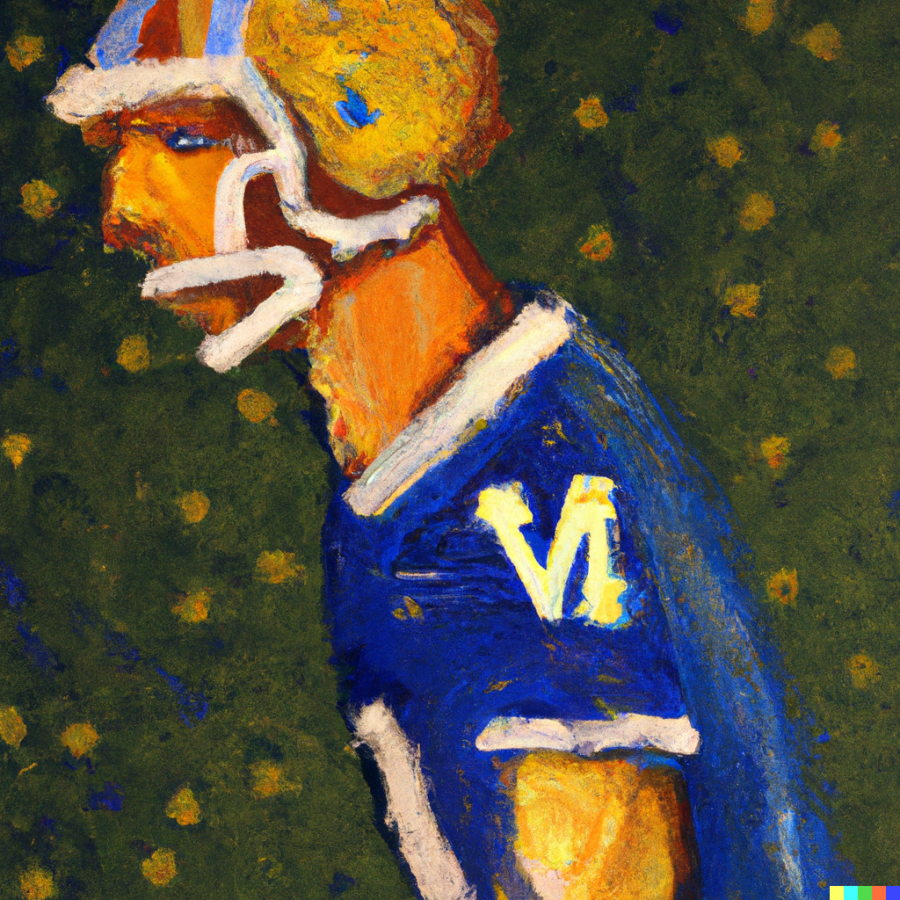 A NEW MEDIUM. This image was created in DALL-E 2 with the prompt van gogh painting of an american football player.