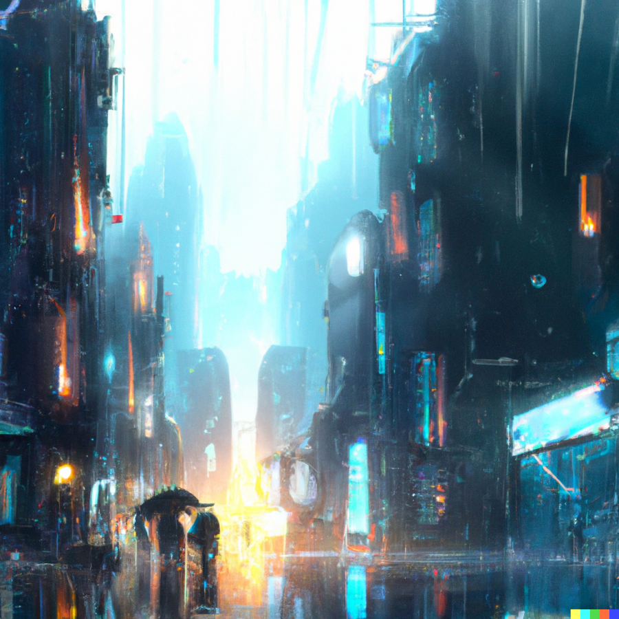 A RAINY FUTURE. This image was created in DALL-E 2 using the prompt a cyberpunk city in the rain, digital art.