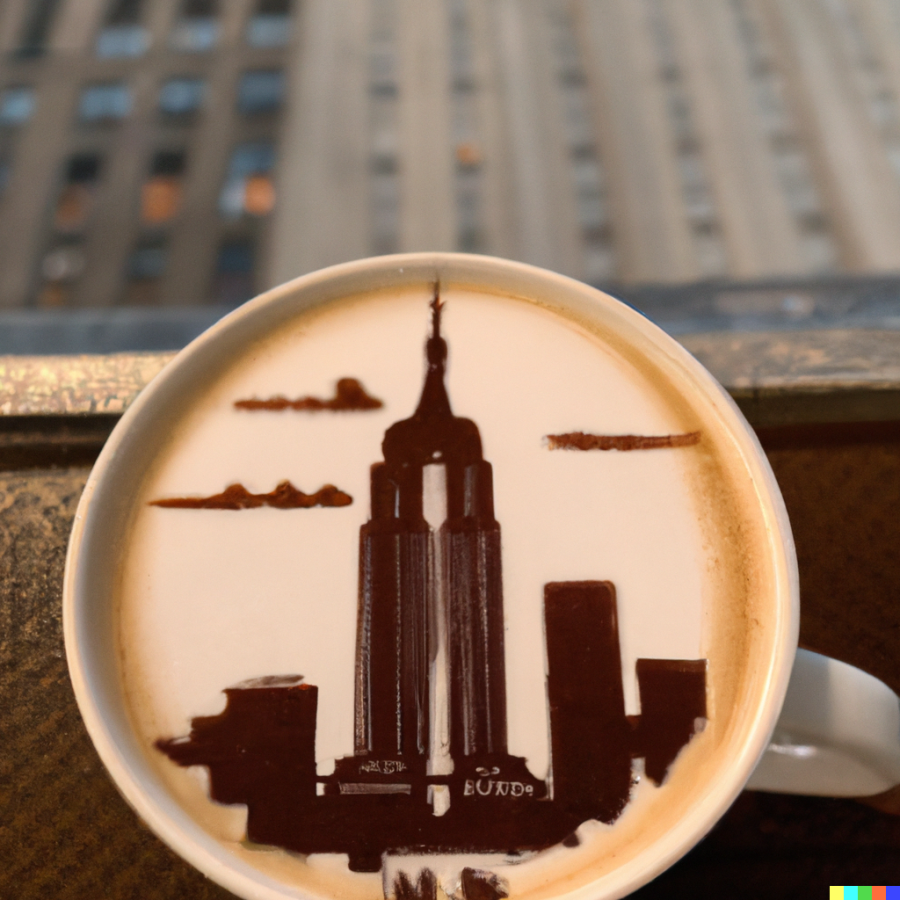 EMPIRE STATE IN ESPRESSO. This image was created in DALL-E 2 with the prompt latte art of the empire state building.