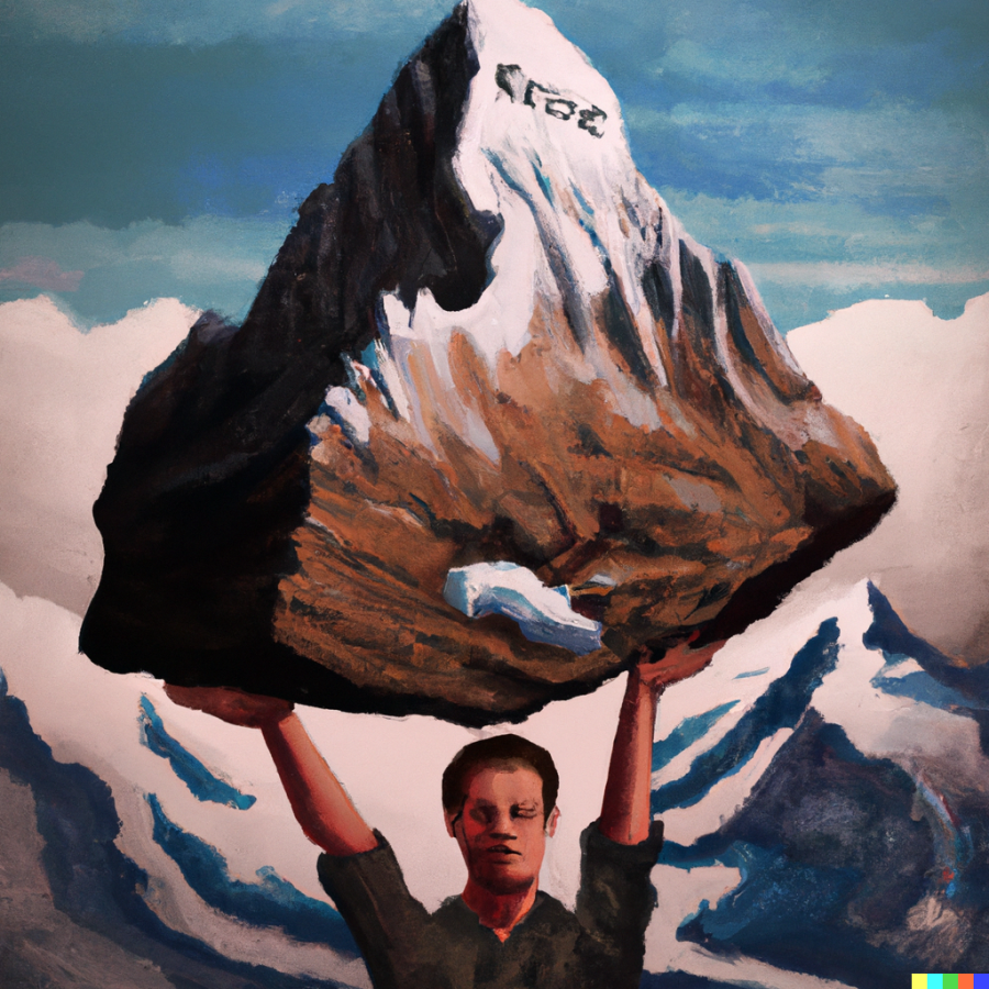 MOVING MOUNTAINS. THis image was created in DALL-E 2 with the prompt a man holding mount everest, digital art.