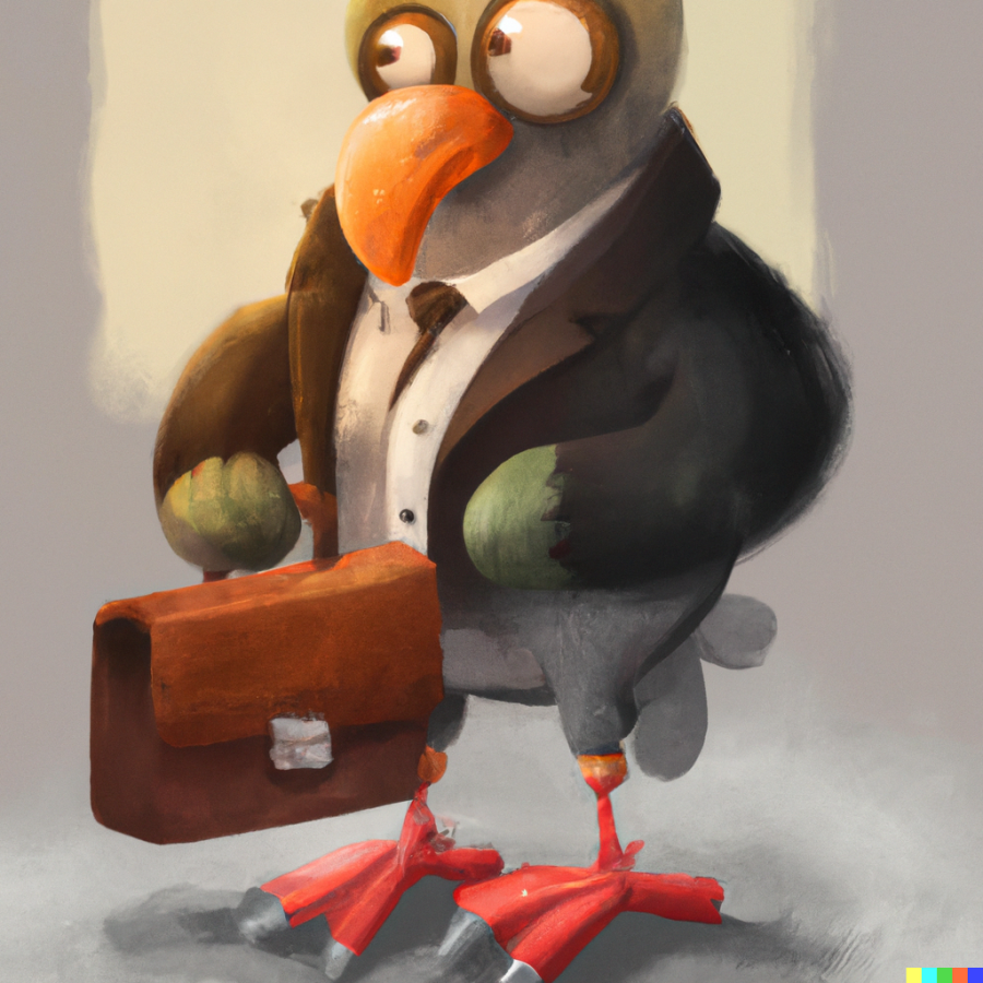 BUSINESS BIRD. This image was created in DALL-E 2 using the prompt a bird holding a briefcase, digital art.