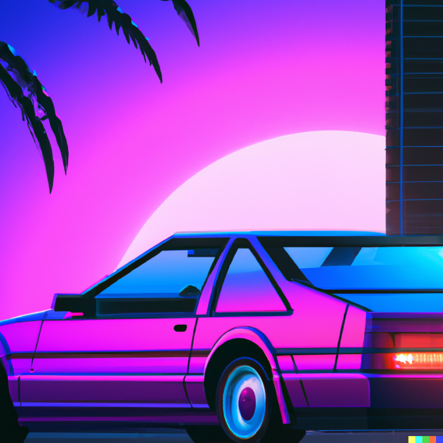 NEON SUNSET. This image was created in DALL-E 2 using the prompt synthwave sports car.