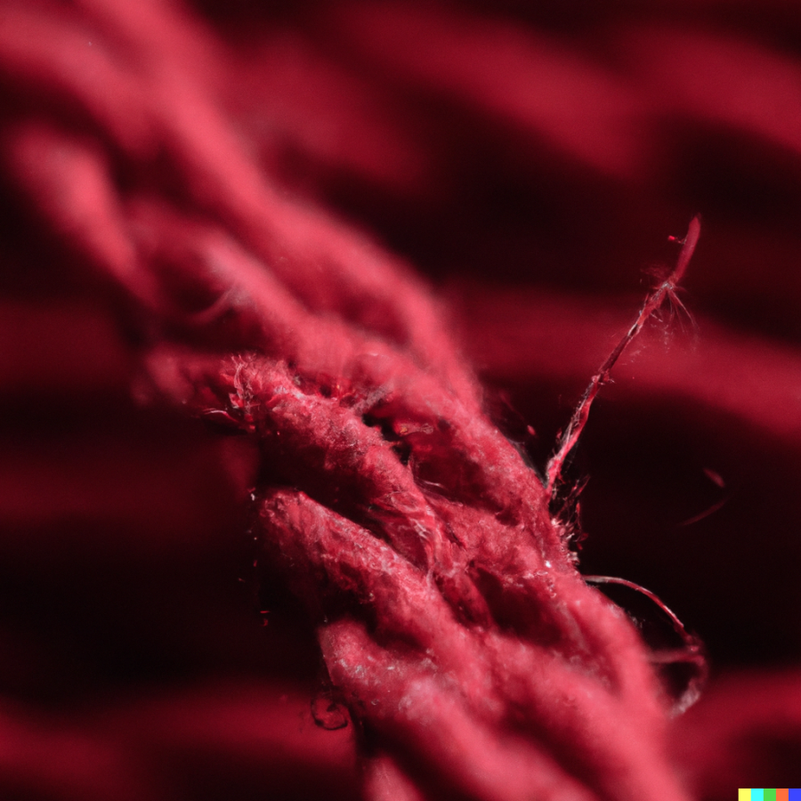 MINISCULE DETAIL. This image was created in DALL-E 2 using the prompt macro photography of a piece of red yarn.