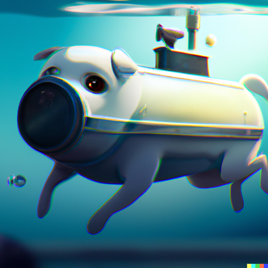 PUPMARINE. This image was created in DALL-E 2 using the prompt a dog submarine, digital art.