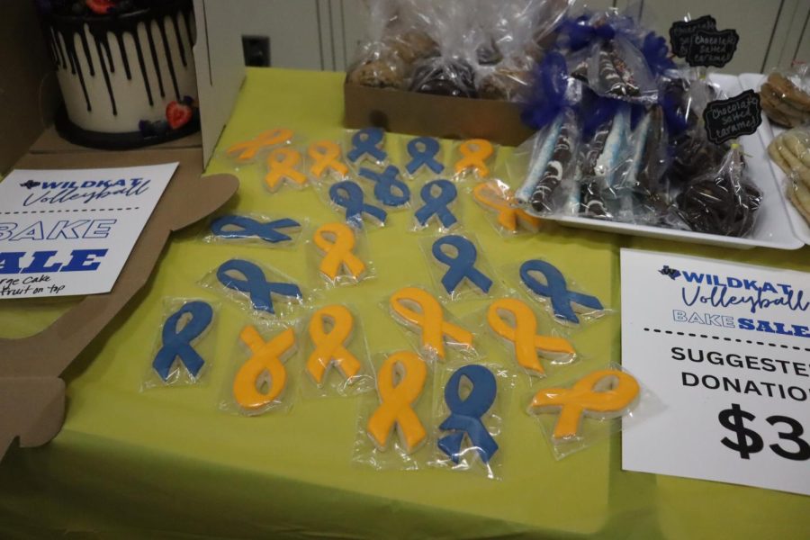SURVIVING THE STORM.  Items sporting blue for colon cancer awareness fill the table during a bake sale in support of Coach Michael Storms.