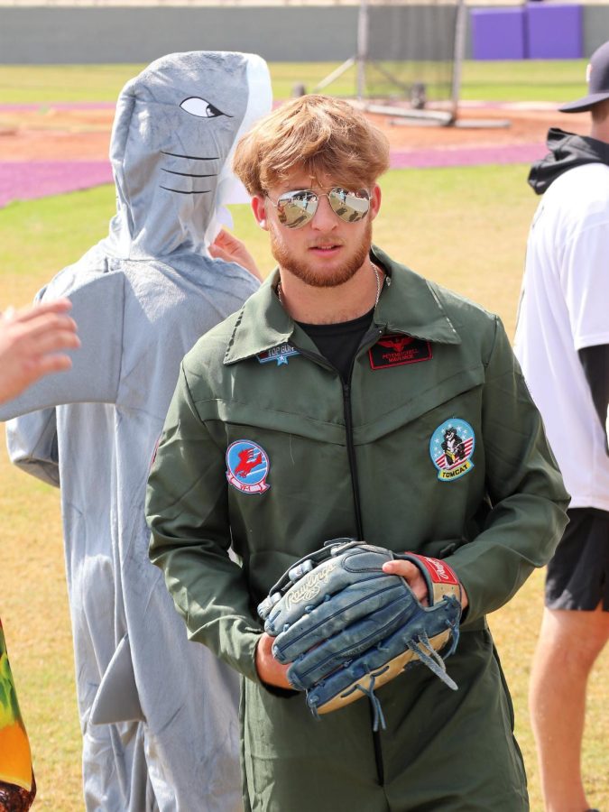 DANGER ZONE. WIth his best Maverick impression, senior Brayden Hawthorne played the game dressed as a cast member of the popular movie. 