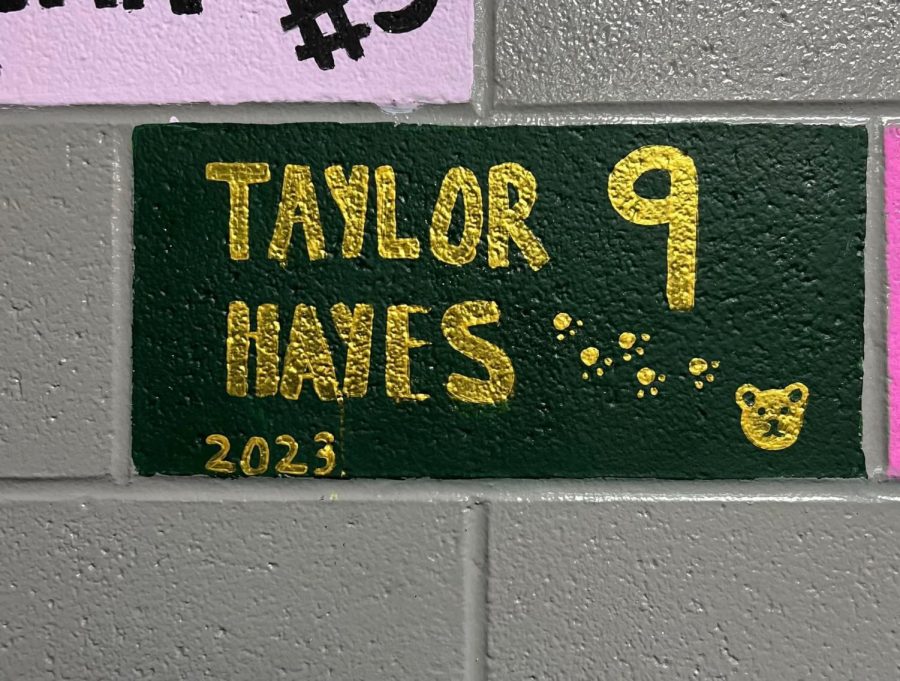 ANOTHER+BRICK+IN+THE+WALL.+Honoring+her+favorite+colors%2C+senior+Taylor+Hayes+painted+her+brick+in+green+and+gold.+