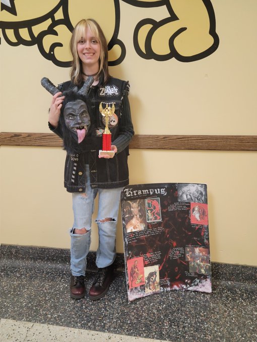 KRUMPUS CREATOR. At Houstonfest, sophomore Lillian Shaw received accolades for her Krampus sculpture and presentation. Of all the winners, she was the only solo competitors. 