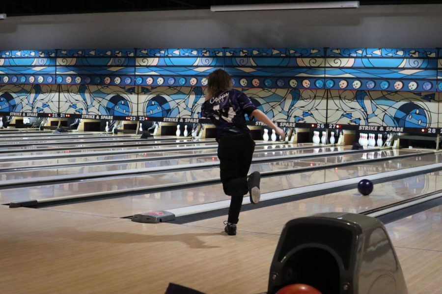 LOOKING FOR A STRIKE. At regional competition, junior Kael Capps sends the ball down the lane. Capps was one of four bowlers who qualified for regional competition. 