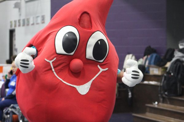 DROP OF LIVE. Entertaining the students working and donating blood, the blood donation mascot, nicknamed Billy the Blood Drop, was present the entire blood drive. Junior Jared Madrid-Williams wore the costume for most of the day. 