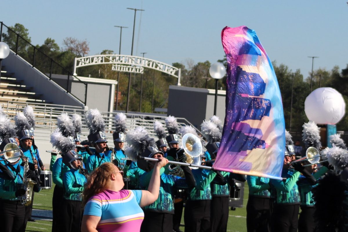 COLORFUL FLOURISH. Adding color to the show, senior Kayleigh Corbin spins her flag, adding color to the city of the program. 