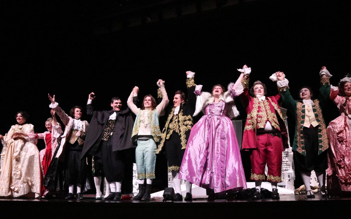 ONE LAST PERFORMANCE. Members of the One Act Play cast take a bow after their first public performance of Amadeus. 