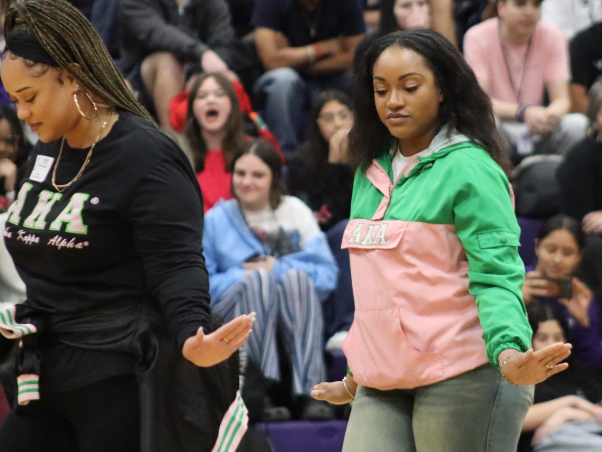 BY CULTURE AND BY MERIT. True to her sororitys motto, counselor Brittany Wheaton shows off her strolling moves at the spring pep rally. Wheaton was joined Alpha Kappa Alpha while attending Lamar University. 