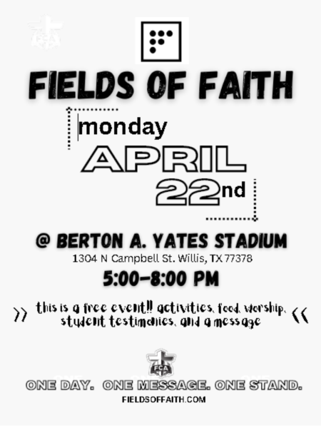 ONE MESSAGE. Fields of Faith is back on April 22. The events is from 5-8 p.m. at Berton A. Yates Stadium.