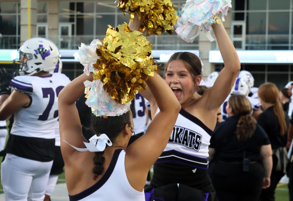 TOUCHDOWN. After the first touchdown, everyone in the audience was hyped. Jumping enthusiastically, sophomore cheerleaders Lauren Stafford and junior Desaray Wilkerson scream.