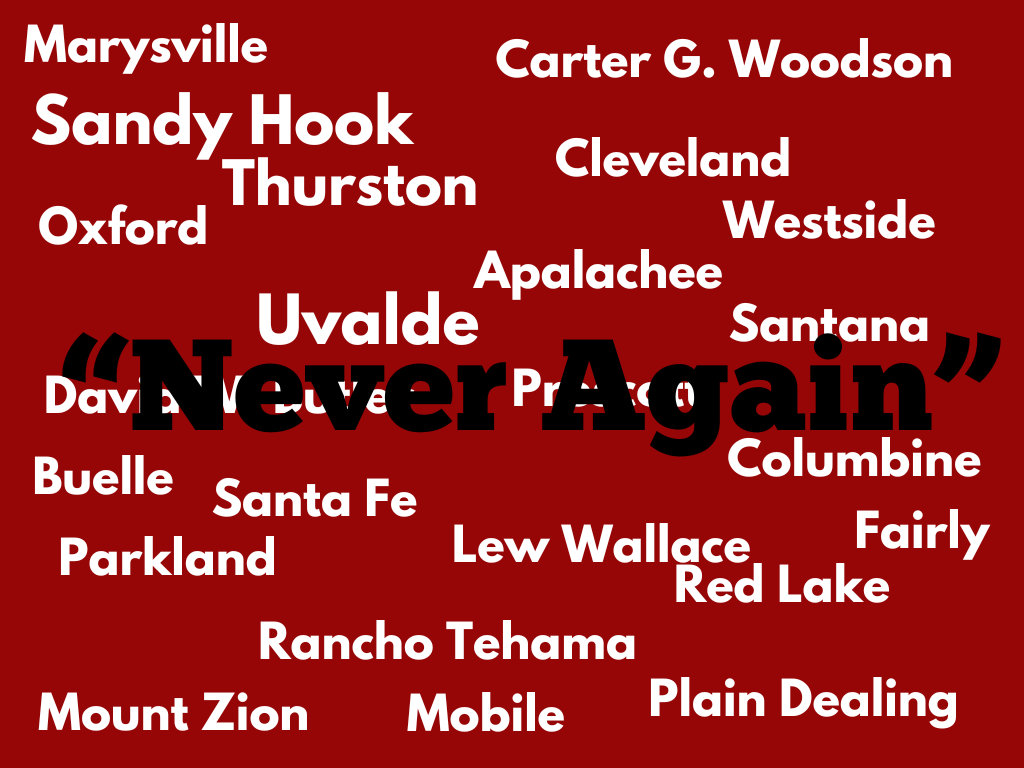 THEY SAID NEVER AGAIN. Every time there's another school shooting, these are the words echoed throughout the media. Yet, these horrific incidents continue to happen, and will as long as lenient gun regulation allows.