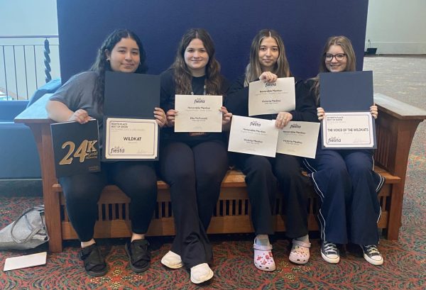 HARD WORK PAYS OFF. After the awards ceremony junior Ashley Briones,  Senior Ella McDonald, junior Victoria Medina and junior Brooke Owsley show off the awards won.