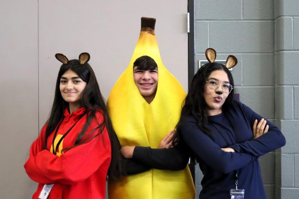 DRUGS ARE BANANAS. Dressed as chipmunks and a piece of fruit, senior Alyssa Rodriguez, sophomore Brylen Kinslea-Roman and  senior Fernanda Ruiz wear costumes on Thursday as part of Red Ribbon Week. 