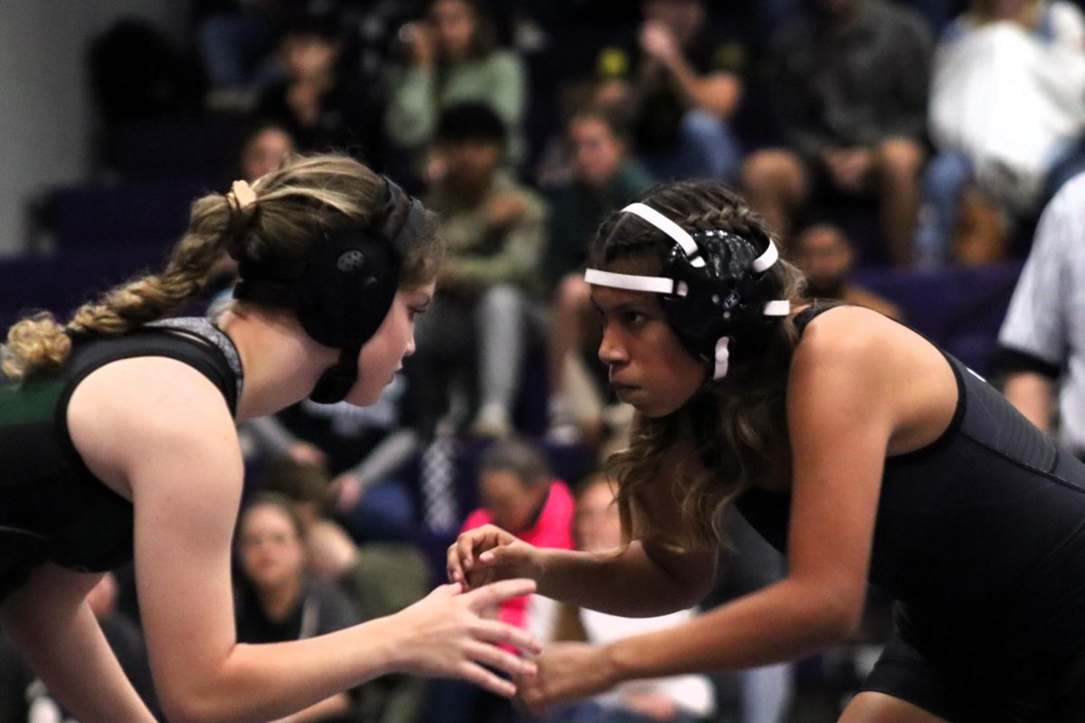 FACE TO FACE.  In the home wrestling match against Kingwood Park on Wednesday, freshman Kimberly Solis faces her opponent.  photo by Ryder Sciba
