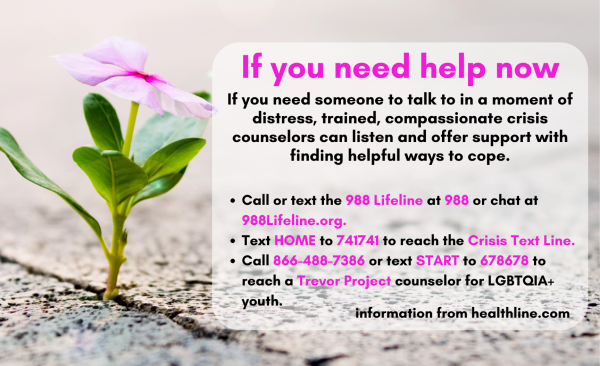 HELP AVAILABLE. If you or someone close needs help with self harm or other mental health concerns, reach out. There is always help available. 