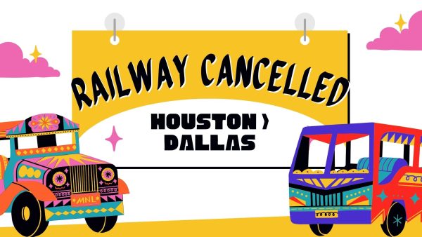 Dead-end. Major railway project between Houston and Dallas cancelled after President claims it isn't worth as much as it cost. Graphic Representation
