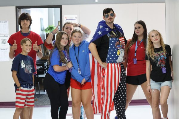 RED, WHITE AND YOU. English teacher Grant Hetherington  shows off his school spirit and patriotism on the first spirit day of the year.  