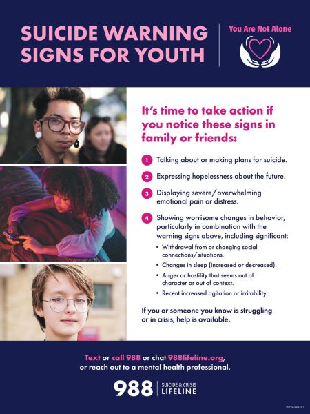 YOU ARE NOT ALONE.  It is important to know the warning signs. If you or someone you know is struggling, help is available. 