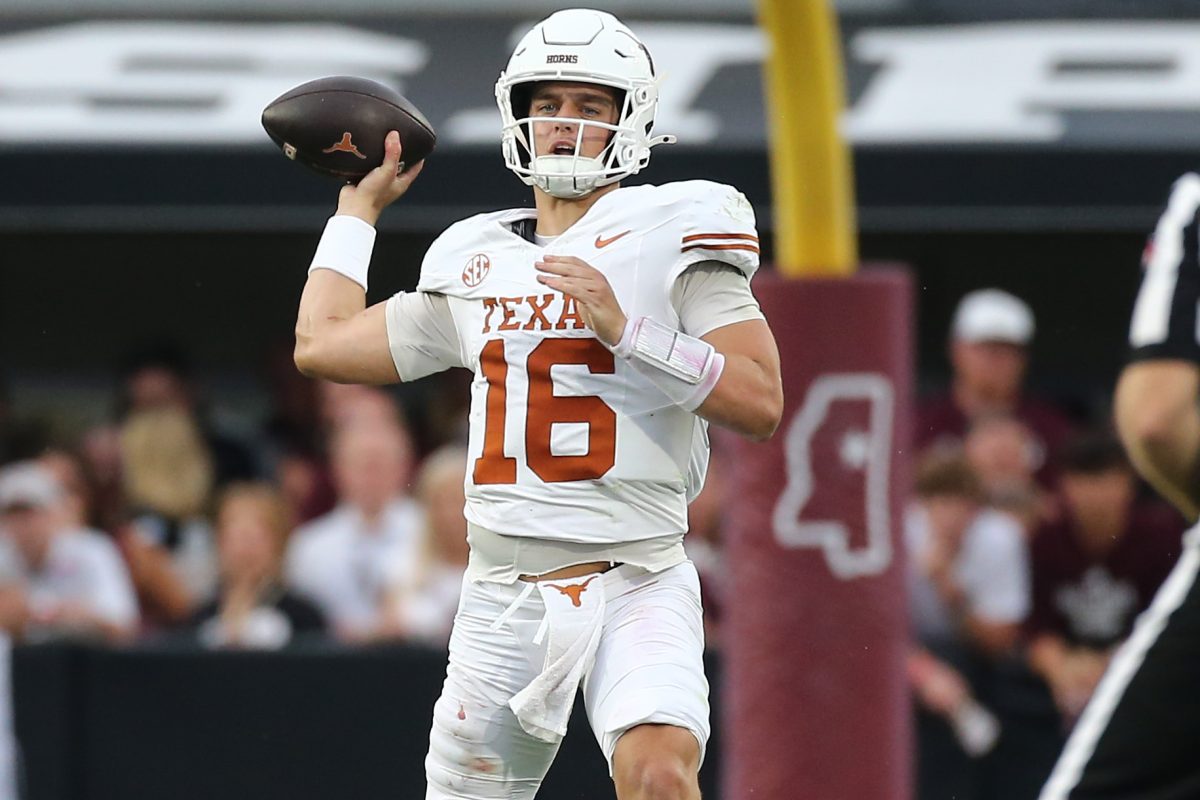 Oct 25, 2025; Starkville, Mississippi, USA; Texas Longhorns quarterback Arch Manning (16) passes the ball during the second quarter against the Mississippi State Bulldogs at Davis Wade Stadium at Scott Field. Mandatory Credit: Petre Thomas-Imagn Images