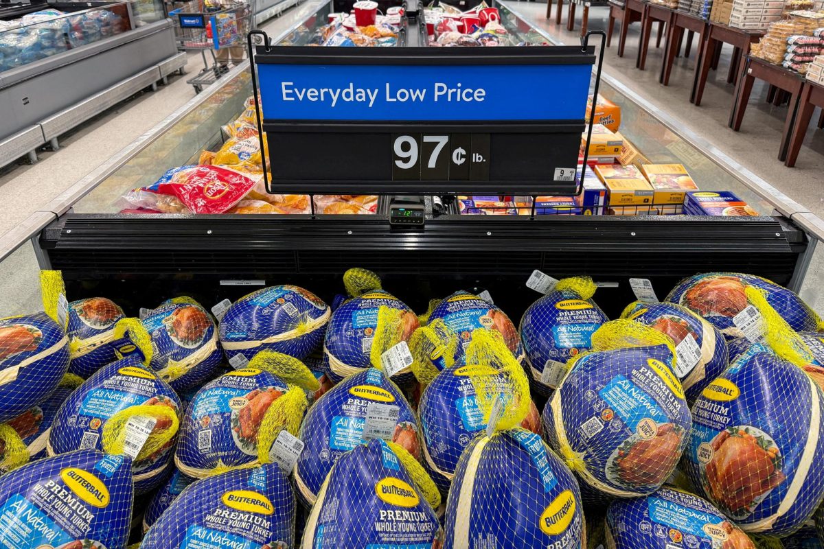 Butterball frozen turkey, part of Walmart's basket of Thanksgiving goods, is displayed for sale at a store in Valley Stream, New York, U.S., November 6, 2025. REUTERS/Kylie Cooper